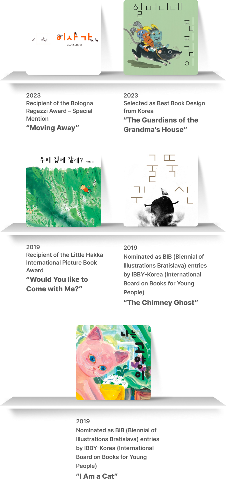 2023
                  Recipient of the Bologna Ragazzi Award – Special Mention
                  “Moving Away”
                  2023
                  Selected as Best Book Design from Korea
                  “The Guardians of the Gran2019
                  Recipient of the Little Hakka International Picture Book Award
                  “Would You like to Come with Me?”dma’s House”
                  2019
                  Nominated as BIB (Biennial of Illustrations Bratislava) entries by IBBY-Korea (International Board on Books for Young People)
                  “The Chimney Ghost”, “I Am a Cat”
                      