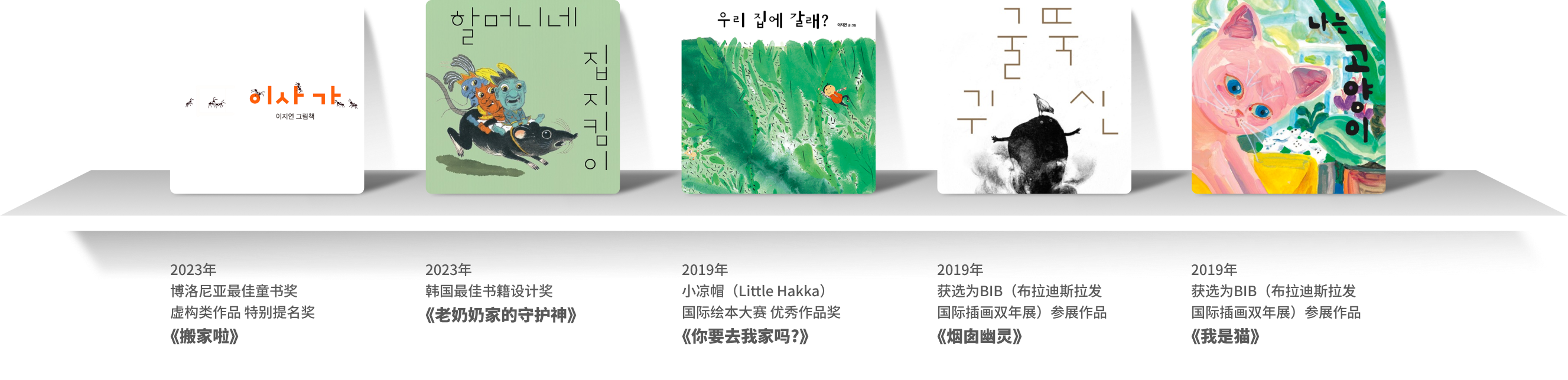 2023年
                    博洛尼亚最佳童书奖 虚构类作品奖 特别提名奖
                    《搬家啦》
                    2023年
    韩国最佳书籍设计奖
    《老奶奶家的守护神》
    2019年
    小凉帽(Little Hakka)国际绘本奖 优秀作品奖
    《你要去我家吗?》
    2019年
    获选为BIB（布拉迪斯拉瓦插图双年展）参展作品
    《烟囱幽灵》以及《我是猫》
                        