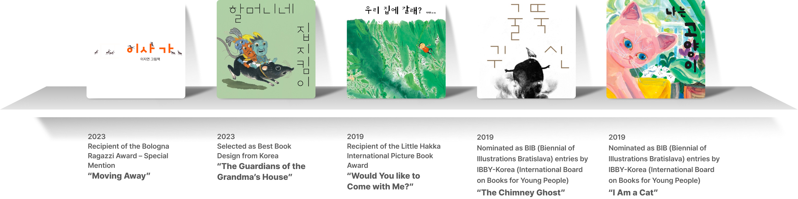 2023
                    Recipient of the Bologna Ragazzi Award – Special Mention
                    “Moving Away”
                    2023
                    Selected as Best Book Design from Korea
                    “The Guardians of the Gran2019
                    Recipient of the Little Hakka International Picture Book Award
                    “Would You like to Come with Me?”dma’s House”
                    2019
                    Nominated as BIB (Biennial of Illustrations Bratislava) entries by IBBY-Korea (International Board on Books for Young People)
                    “The Chimney Ghost”, “I Am a Cat”
                        